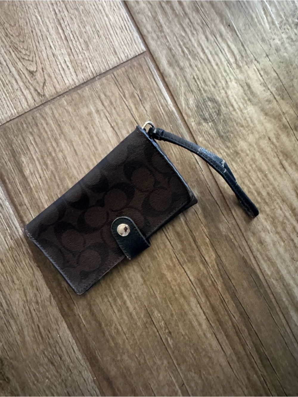 Coach Dark Brown Signature Canvas Wristlet Card Holder with Black Strap